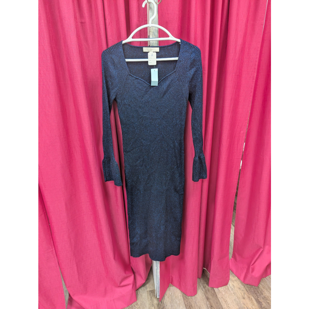 NWT LOFT Blue Shimmer Sweater Dress Size Large | Metallic Knit Midi Bodycon Bell - Picture 2 of 8